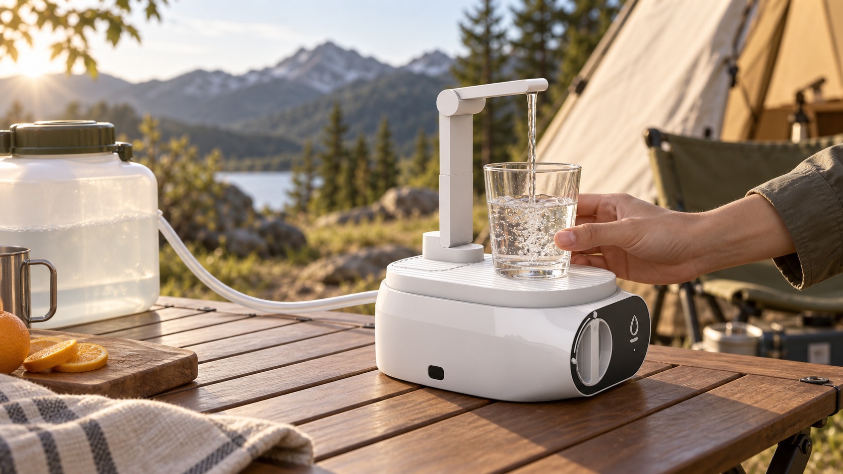 SFLUX Automatic Pitcher base connected by hose to a water jug, filtering water at a campsite