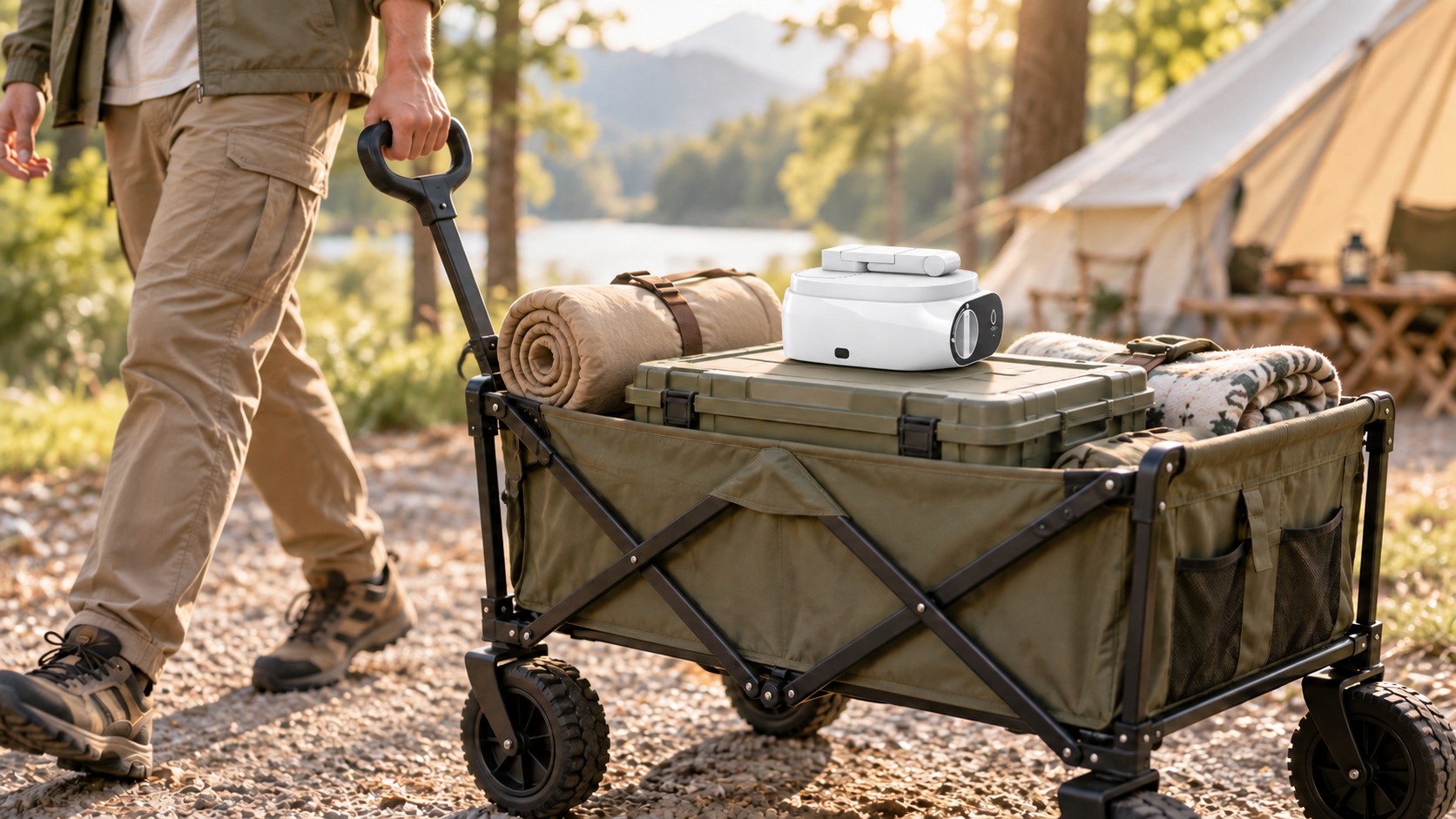 SFLUX Automatic Pitcher base packed on top of camping gear in a wagon, being pulled to a lakeside campsite