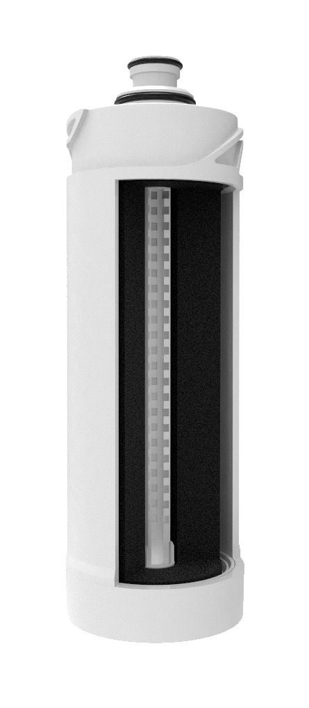 Cutaway view of the SFLUX carbon block filter cartridge, showing the carbon media layer around a central core