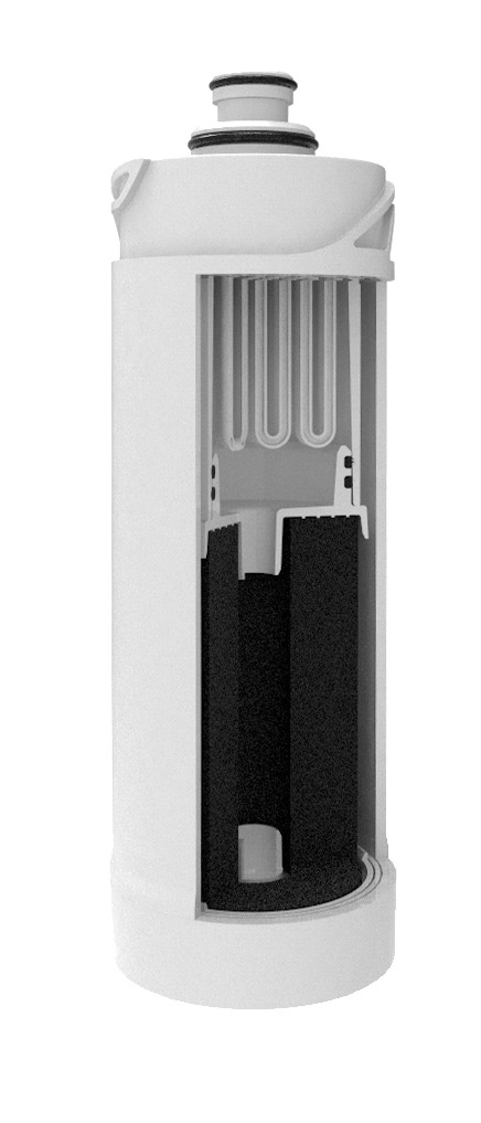 Cutaway view of the SFLUX ultra filtration carbon block compound filter cartridge, showing the pleated UF membrane above the carbon media layer