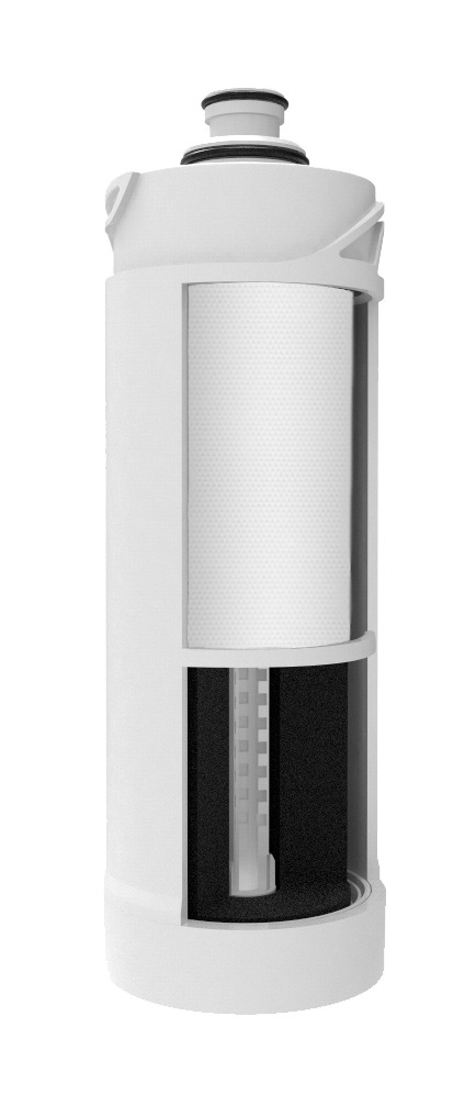 Cutaway view of the SFLUX nano positive carbon block compound filter cartridge, showing the textured nano positive media layer above the carbon media