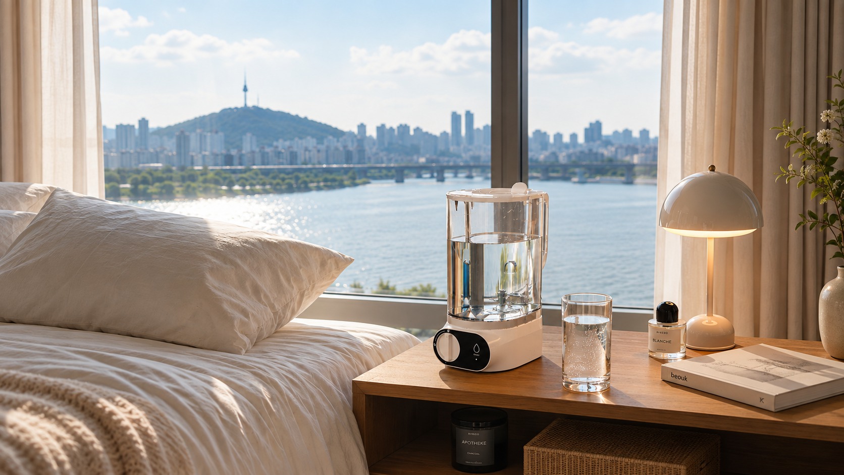 SFLUX automatic pitcher purifier on a bedside table