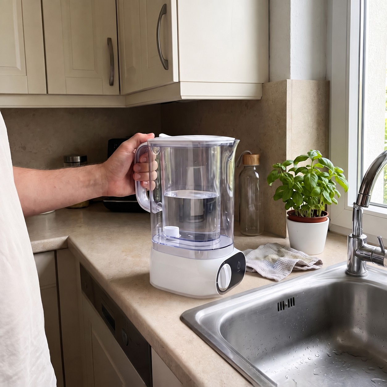 SFLUX Automatic Pitcher held beside a kitchen sink, filtered water inside