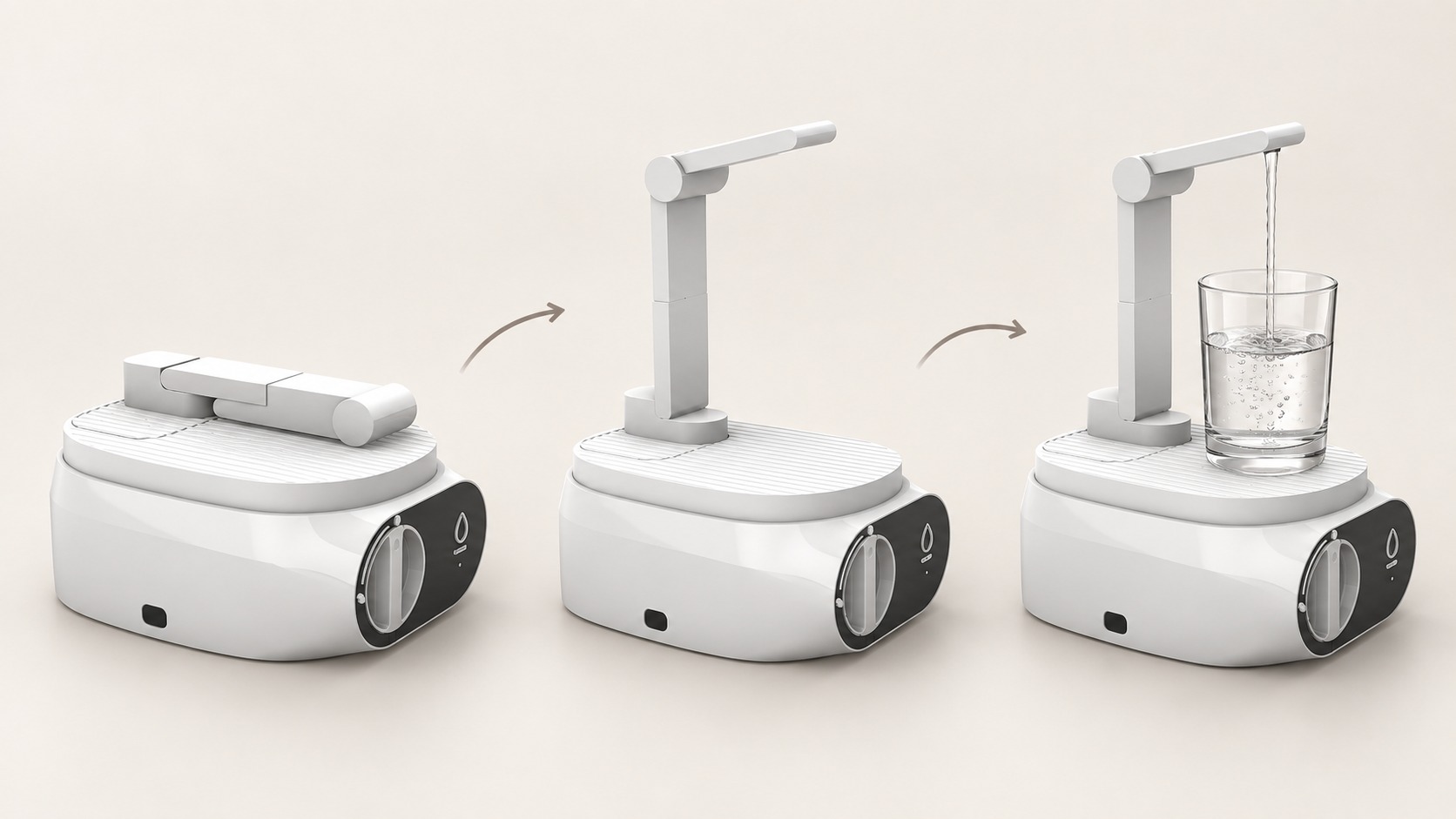 SFLUX Automatic Pitcher base unfolding its faucet arm and pouring water into a glass, shown in three steps