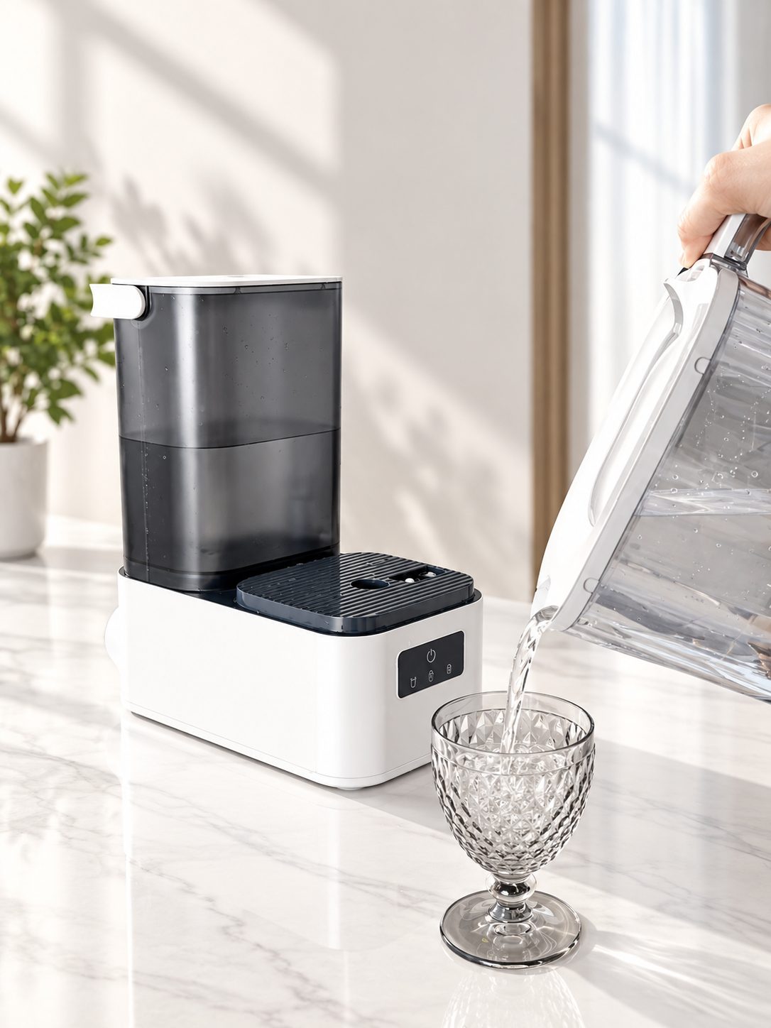 SFLUX Cordless RO Purifier pouring filtered water into a glass on a kitchen counter