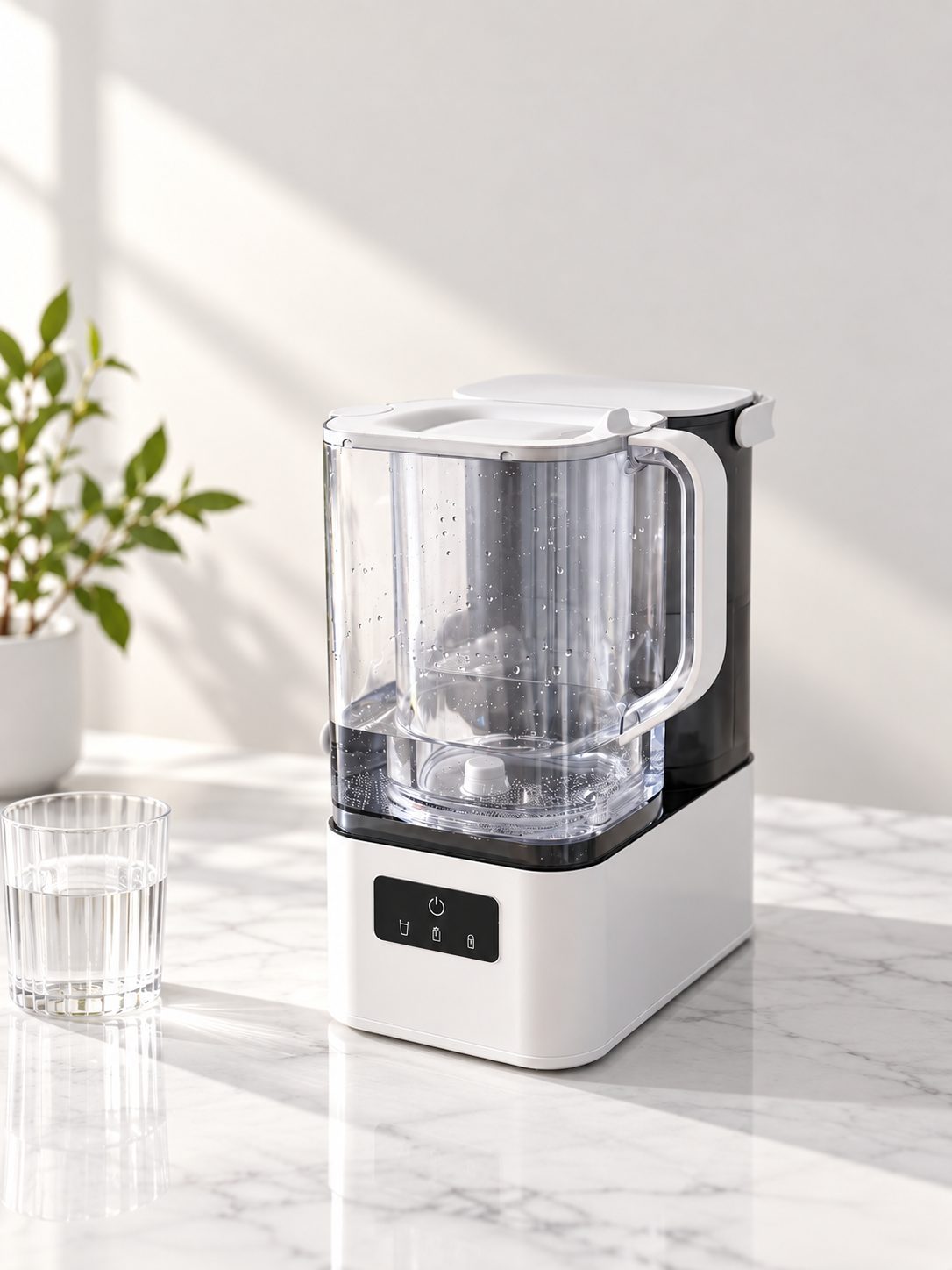 Studio shot of the SFLUX Cordless RO Purifier's dual-chamber pitcher