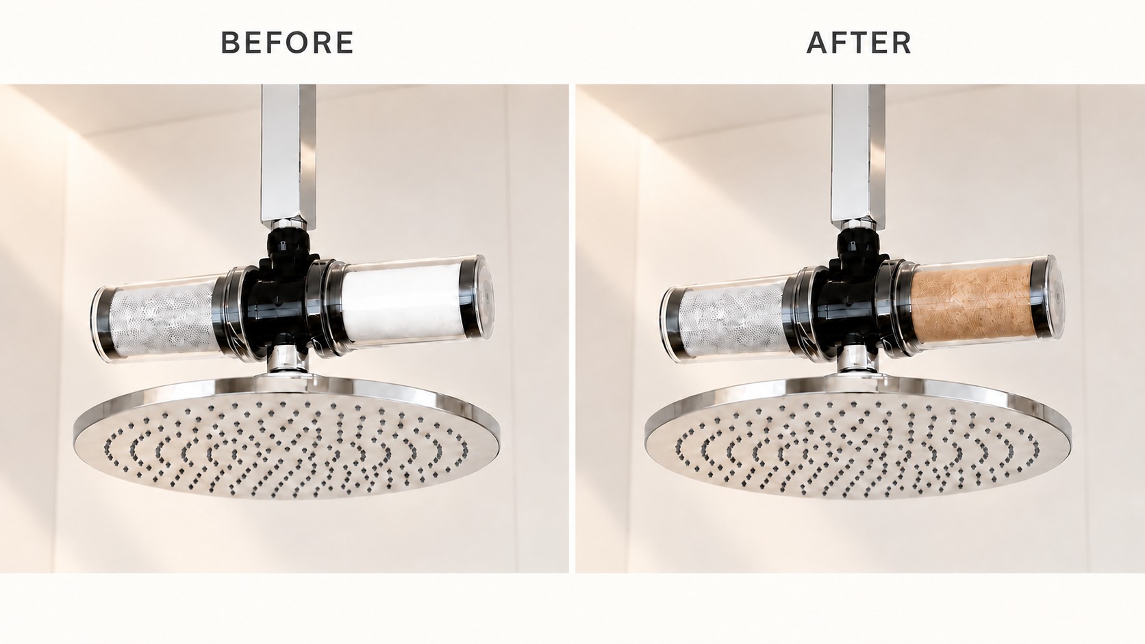 Before and after comparison of the SFLUX shower filter cartridge, showing the filter media change color from white to tan as it captures impurities