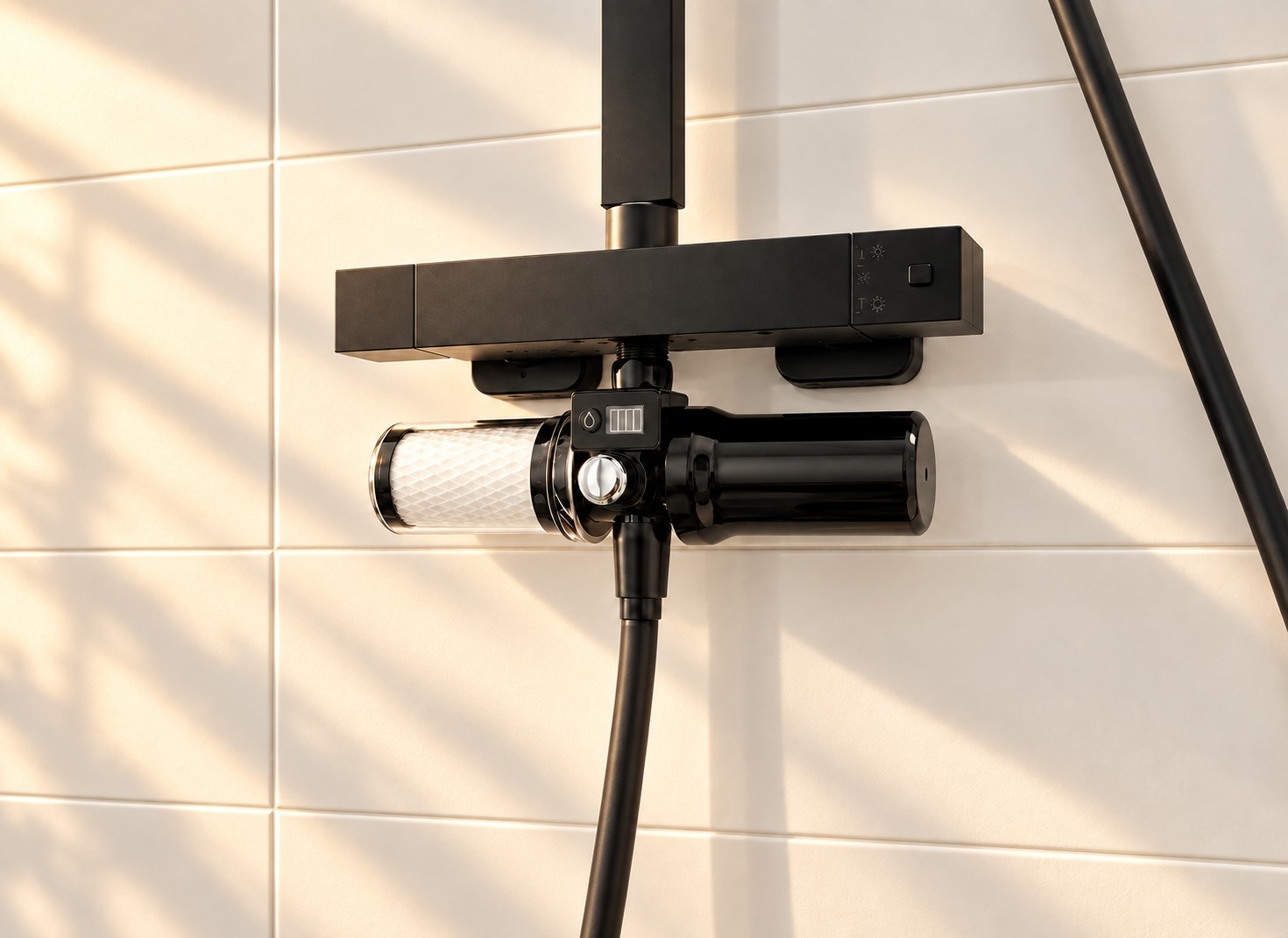 Close-up of the SFLUX Premium Shower Purifier's filter cartridge mounted on a shower valve, labeled with Water IN, Filter replace alert, Pre-filter, Bypass, Post filter and Water OUT