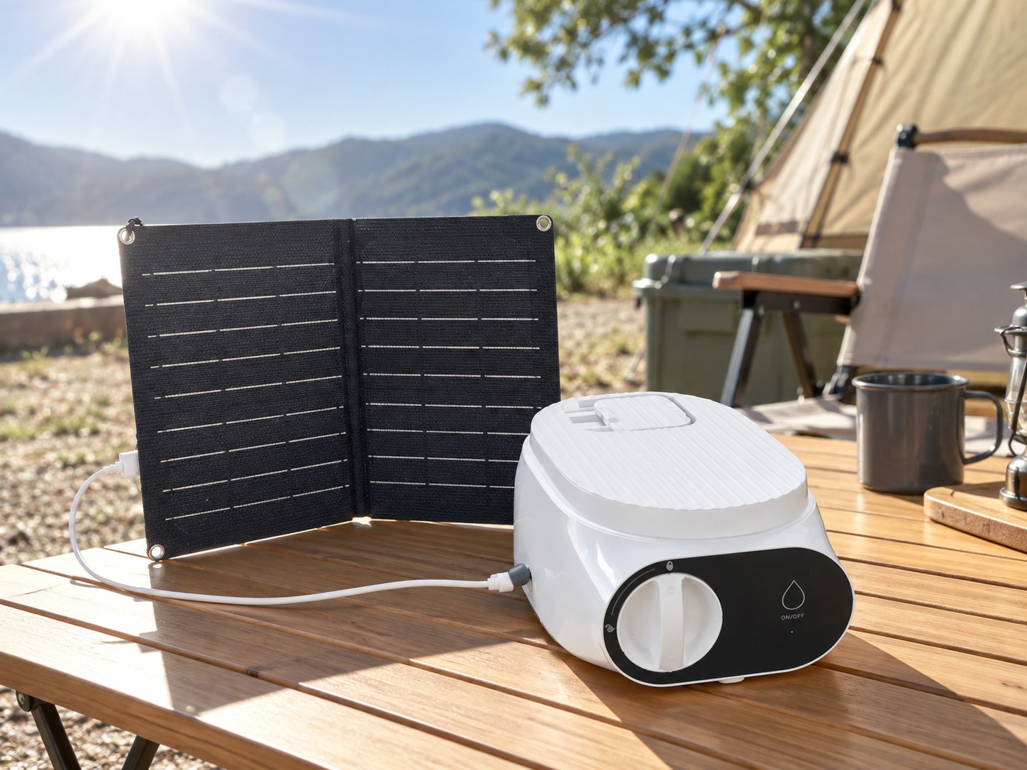 SFLUX Automatic Pitcher base charging from a folding solar panel at a lakeside campsite, shown as an optional accessory